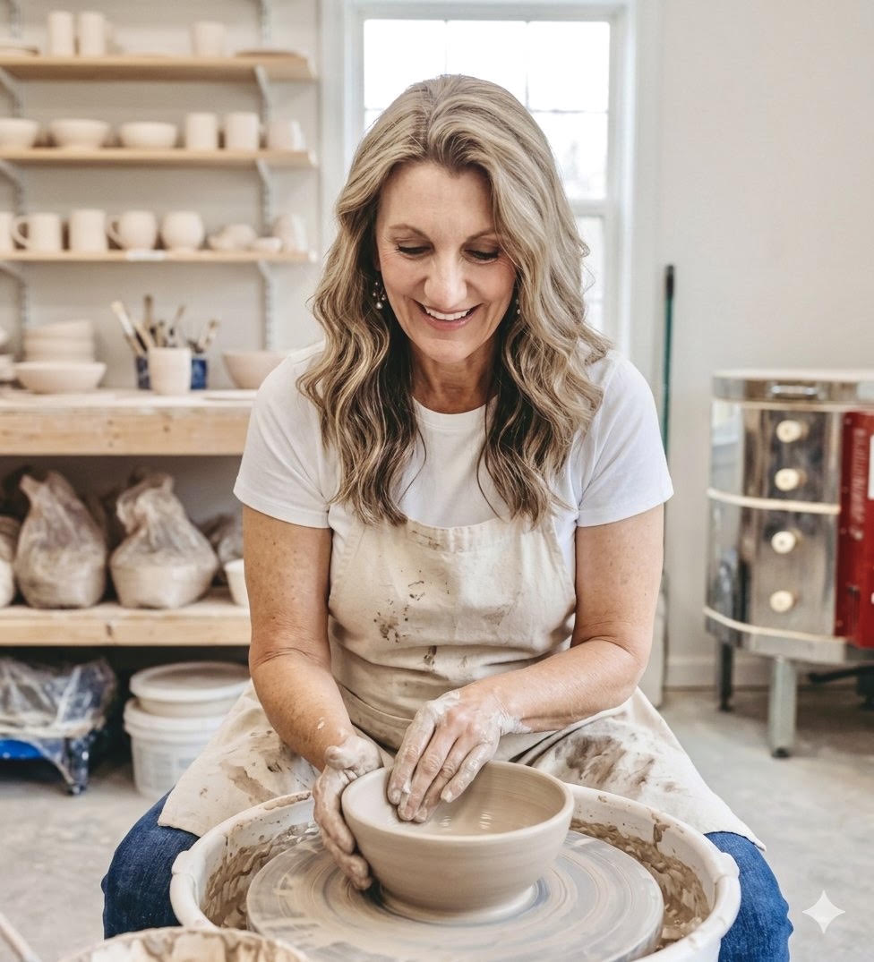 Rachel Voelkel at the wheel in her studio, smiling as she opens the walls of a bowl, shelves of unglazed pots behind her